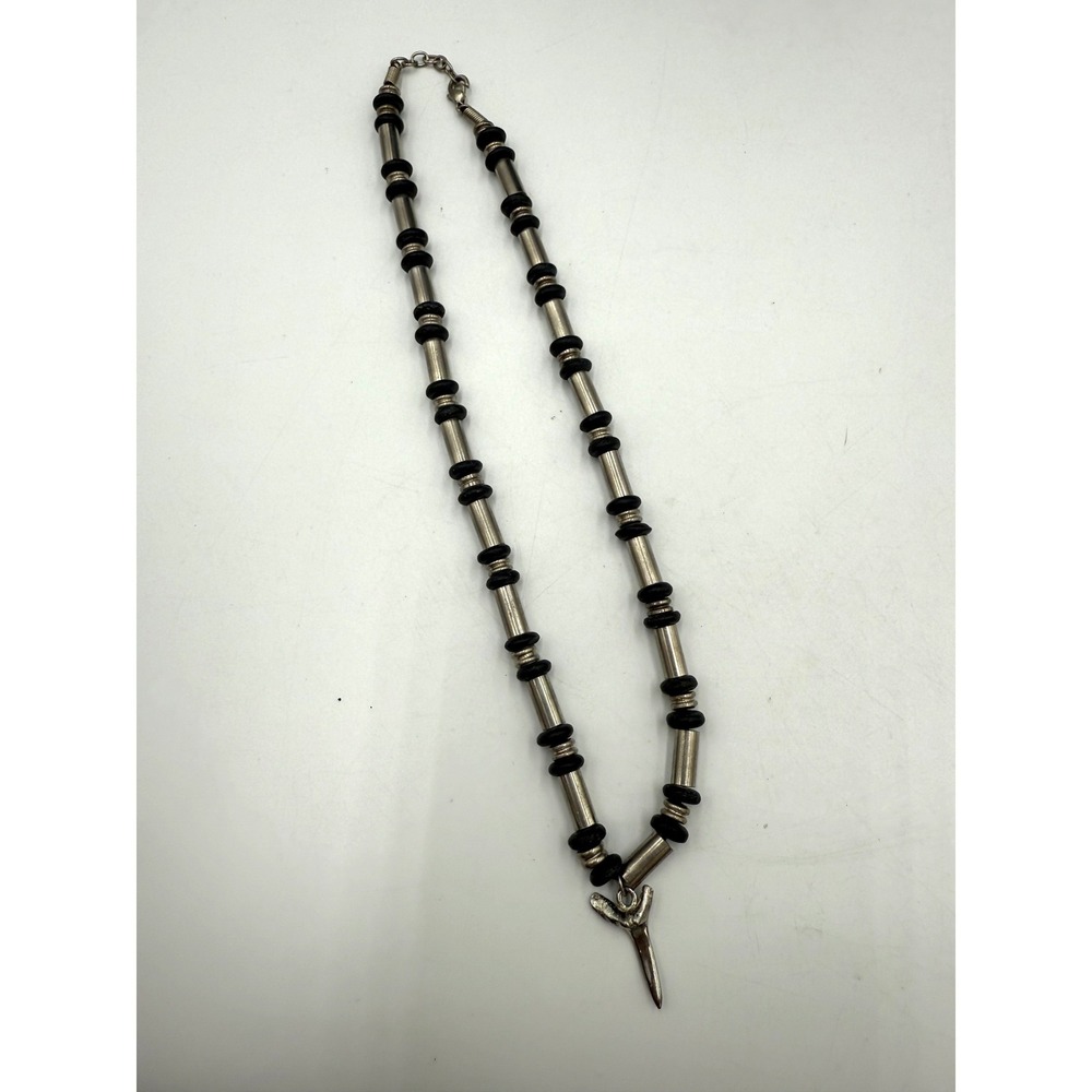 Vintage Shark Tooth Pendant Necklace Silver Tone Black Bead Surfer Tribal Style